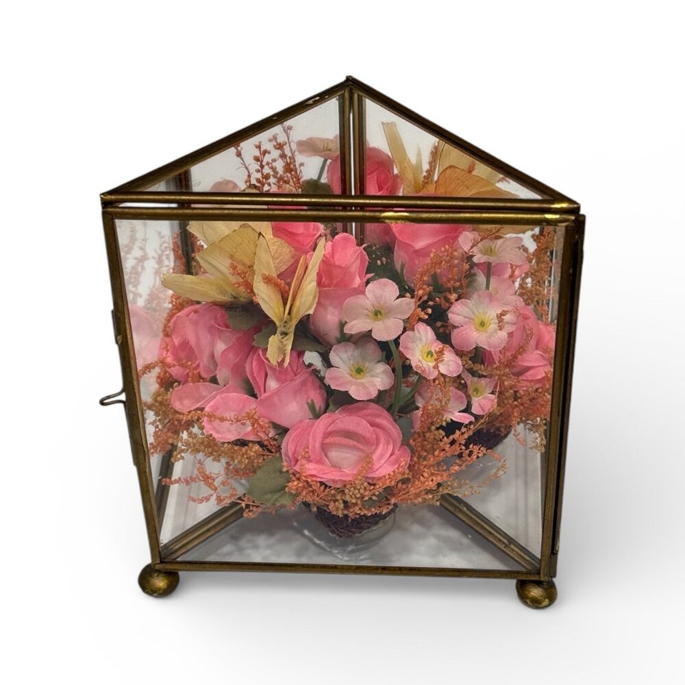 Vintage Glass/Mirrors & Brass Triangular Box with Flowers